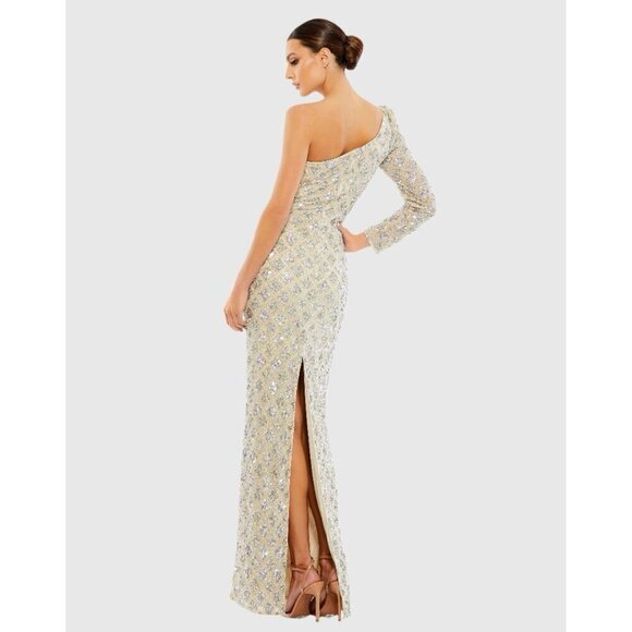 Mac Duggal Size 8 Beige  5479 Embellished Sequin One Shoulder Evening Dress Gown - Picture 3 of 14